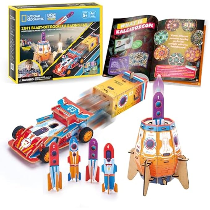 NATIONAL GEOGRAPHIC 3D PUZZLE 2IN1 BLAST-OFF ROCKET & RACING CAR 59-PIECES BY CUBIC FUN, STEM LEARNING, BUILD THINGS WITH READ-ALONG ADVENTURE, EDUCATIONAL PUZZLE, LEARN & FUN TOYS, FOR KIDS 5 YEARS+ - Image 1